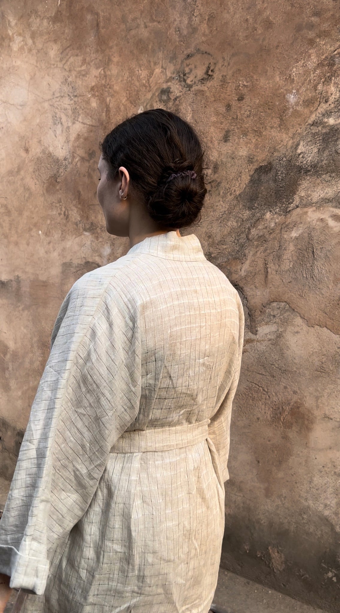 The Saranyu Kimono Jacket : Striped Ceremonial Taupe Linen