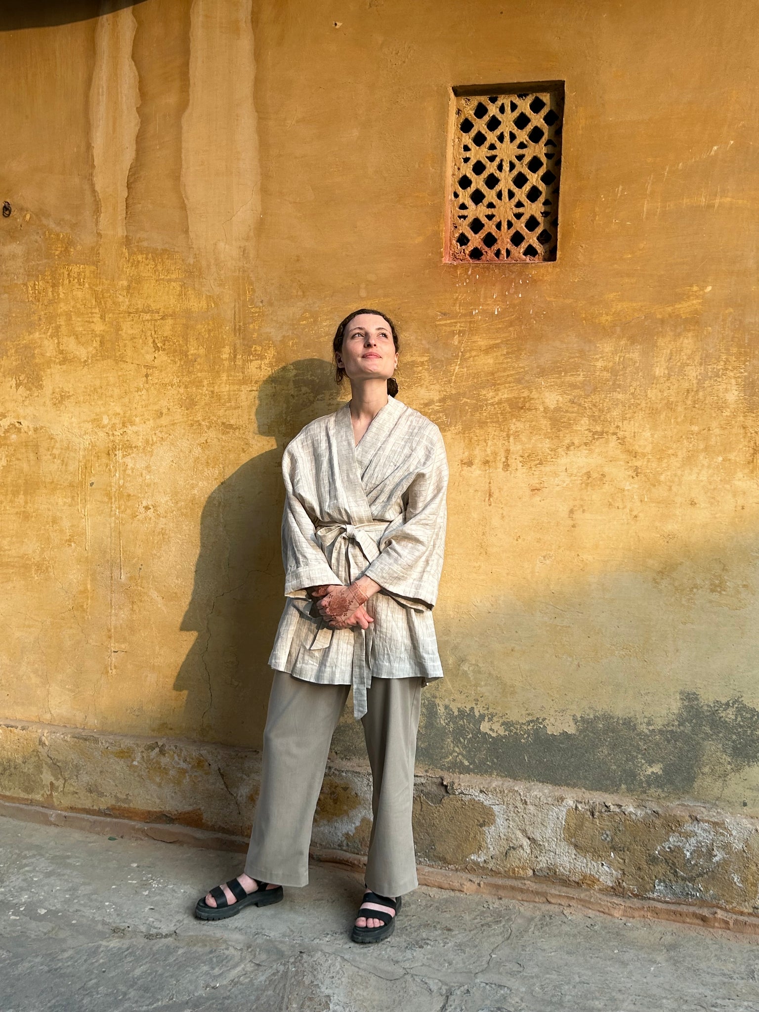 The Saranyu Kimono Jacket : Striped Ceremonial Taupe Linen